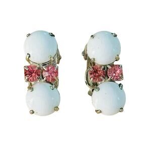 Vintage White Prong Set Milkglass and Pink Rhinestone Center Clip On Earrings